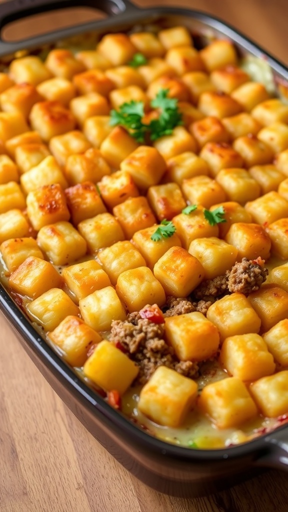 A golden tater tot casserole with ground beef, vegetables, and melted cheese, garnished with parsley.